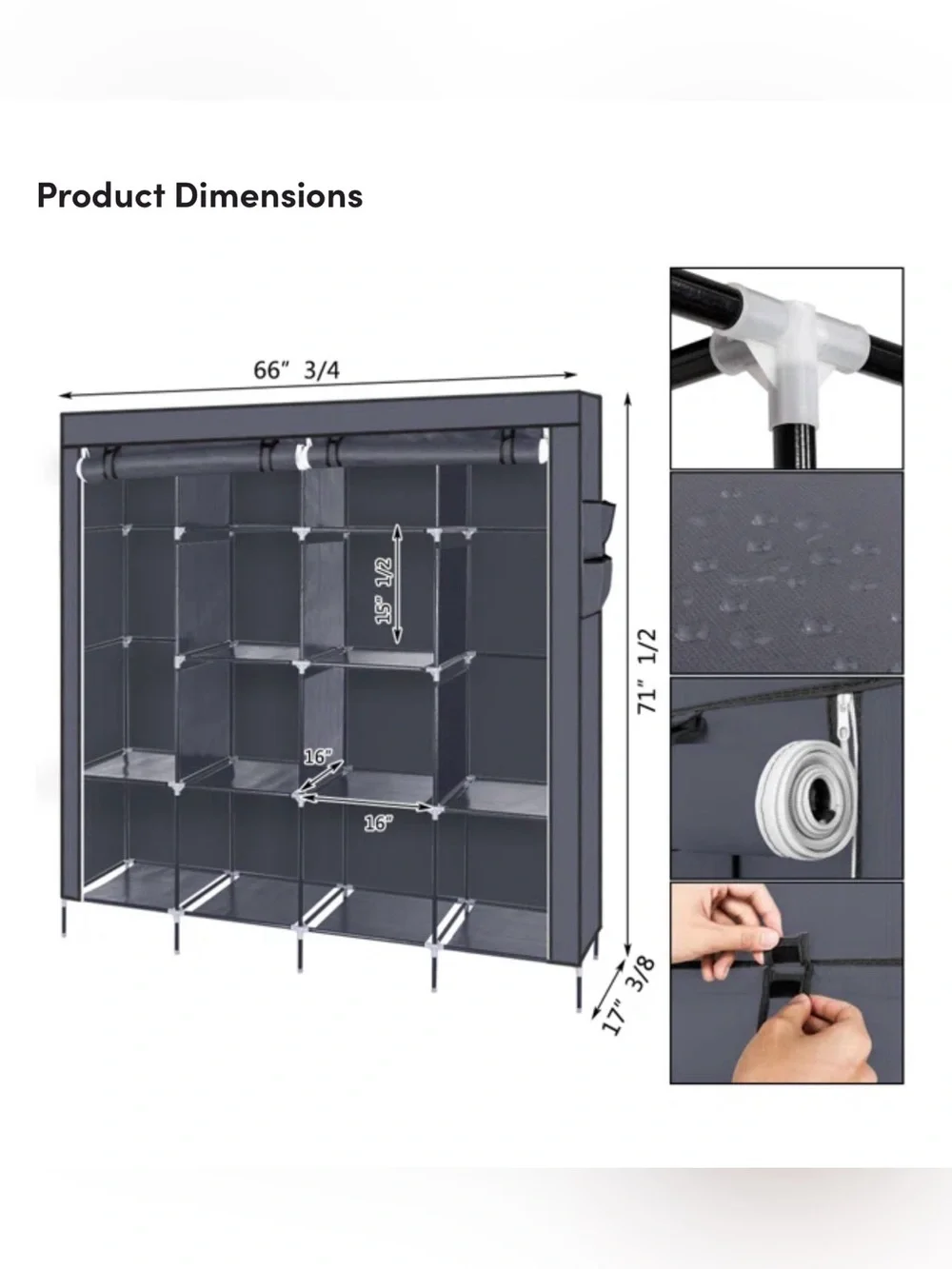 Fabric Wardrobe Organizer in Dark Gray with Multiple Cubbies